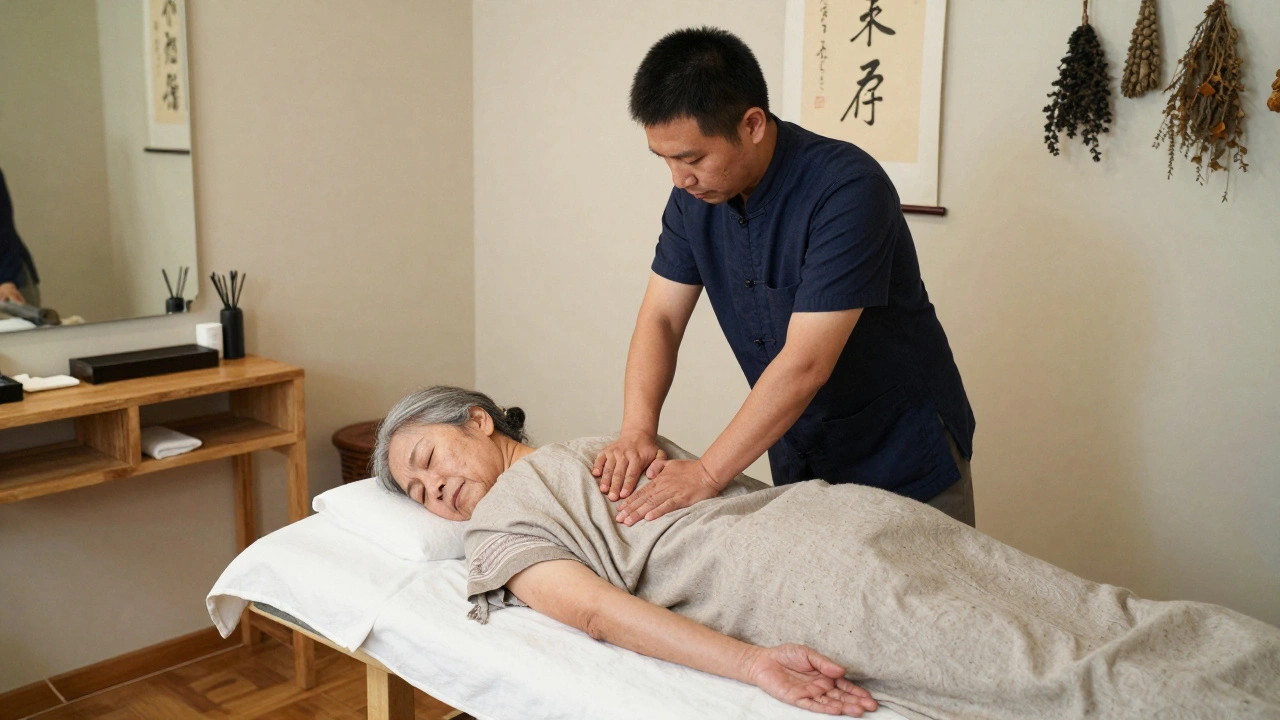 Un massage chinois Tuina pratiqué par un professionnel expérimenté, avec des herbes et une lumière tamisée.