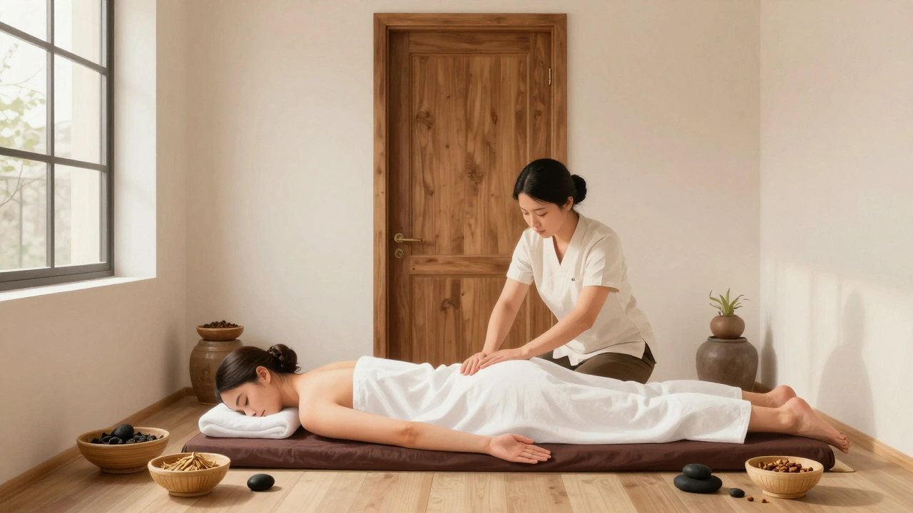 Un praticien thaï effectue un massage doux sur un couple dans un salon discret du 16e arrondissement de Paris.