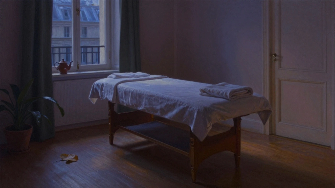 Un salon de massage vide à la tombée de la nuit, avec une table de massage, une théière et une feuille sur le sol.