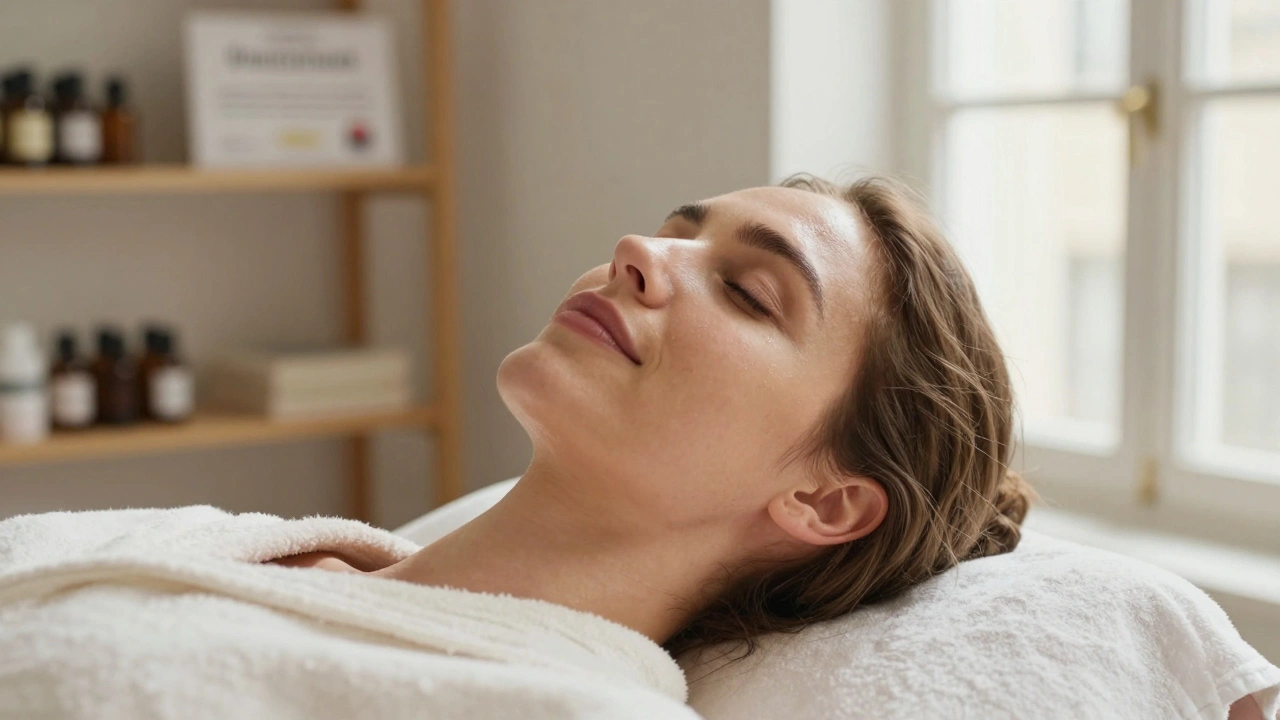 Un visage apaisé et dégonflé après une séance de drainage lymphatique, avec une peau lumineuse et un regard détendu dans un intérieur parisien.