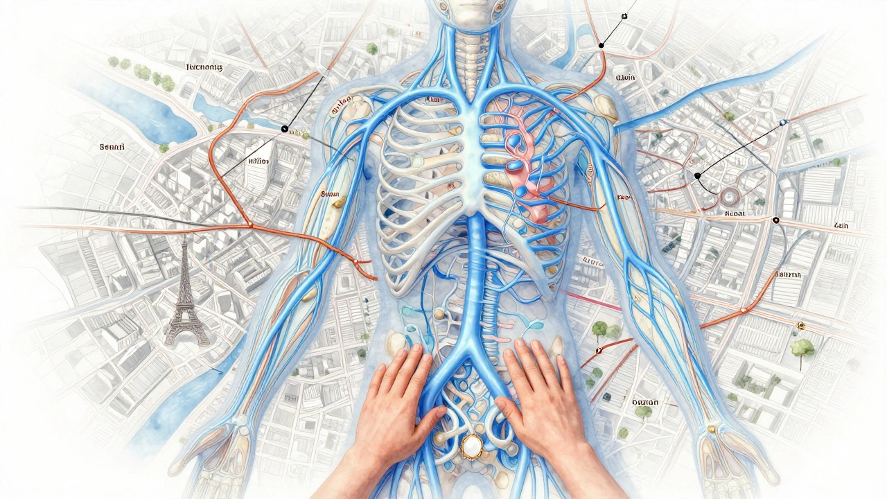 Une représentation artistique du système lymphatique humain intégré à la carte de Paris, avec des voies douces et des mains thérapeutiques en mouvement.