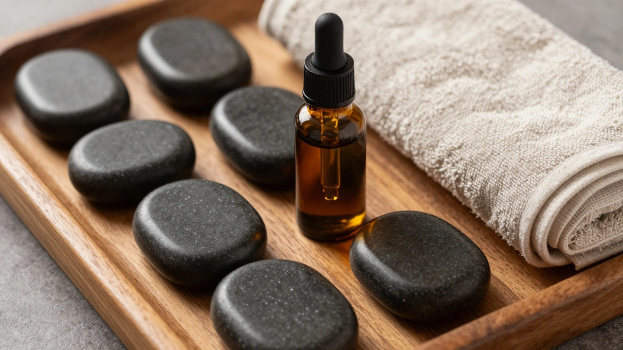 Arrangement de pierres basaltiques et huiles essentielles sur bois.