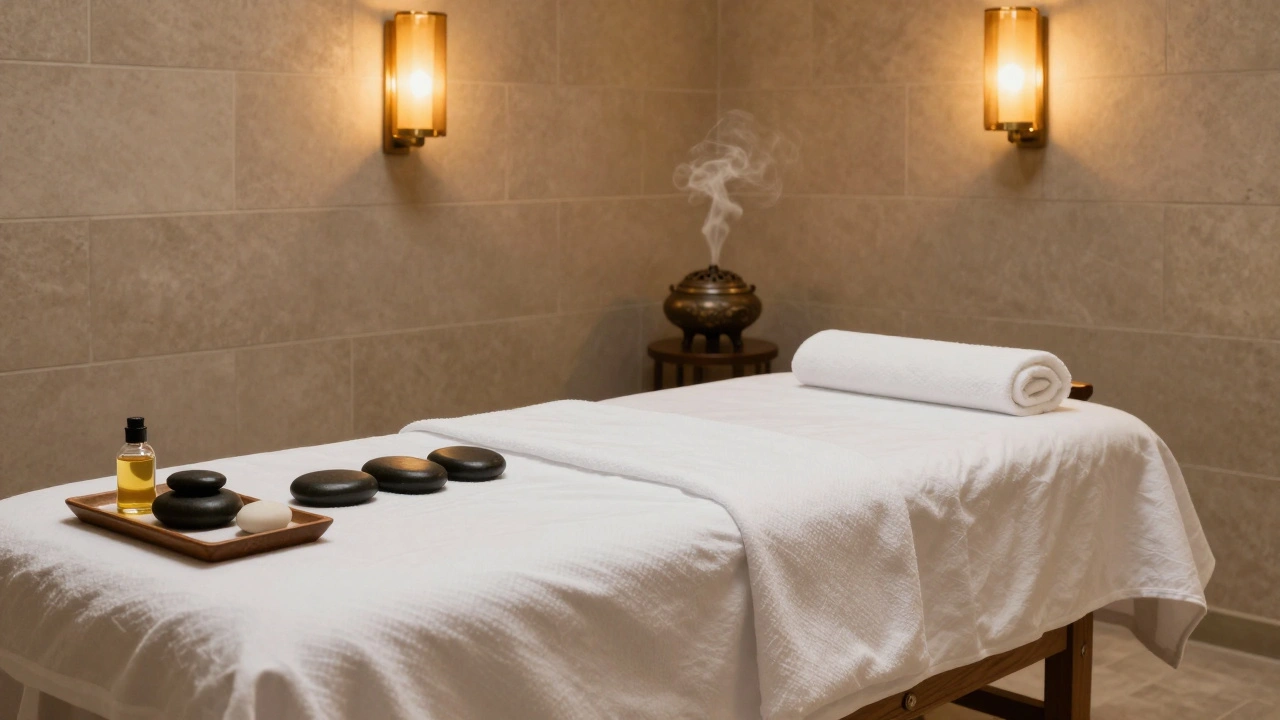 Chambre de soin de spa luxueuse vide avec serviettes.