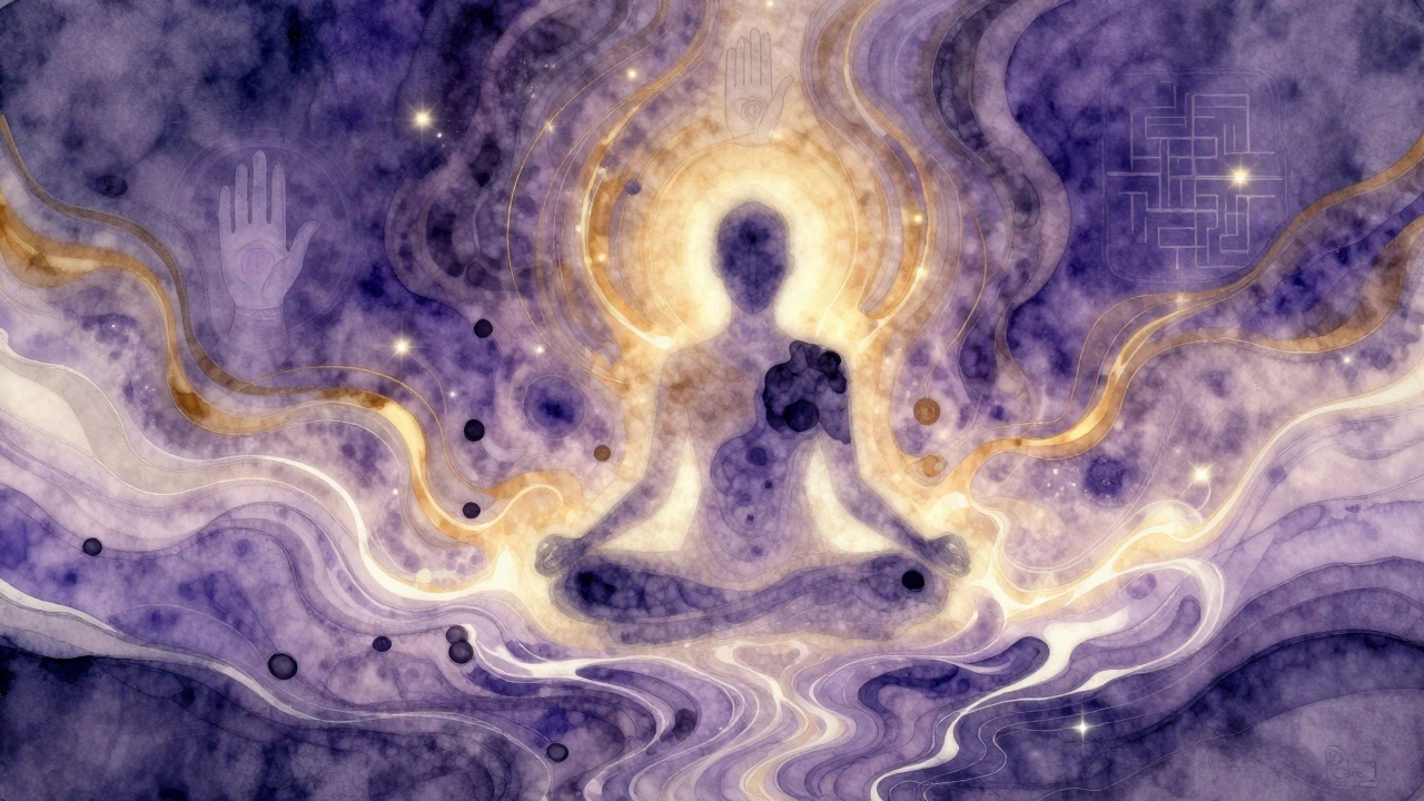 Champs énergétiques humains représentés comme des rivières de lumière, avec des blocages sombres et des zones qui s'illuminent, dans un style artistique aquatique.