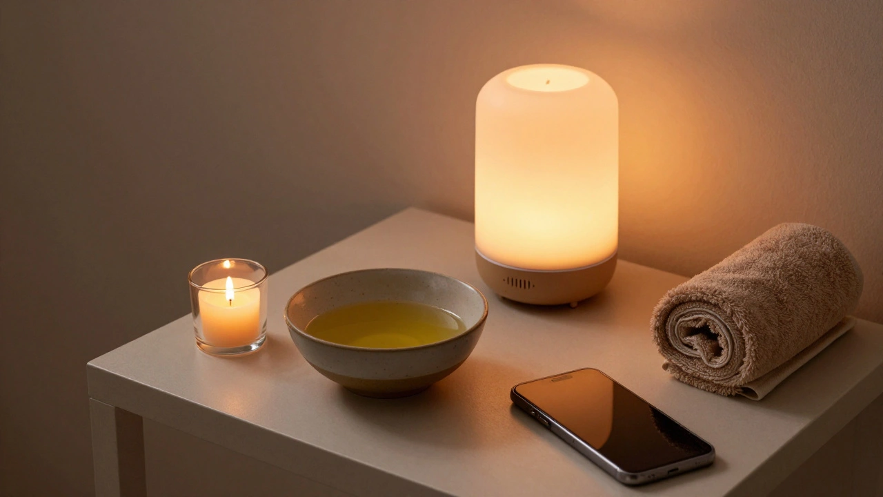 Coin détente minimaliste avec lampe chaude, diffuseur silencieux, huile et serviette en coton biologique, téléphone éteint à côté.