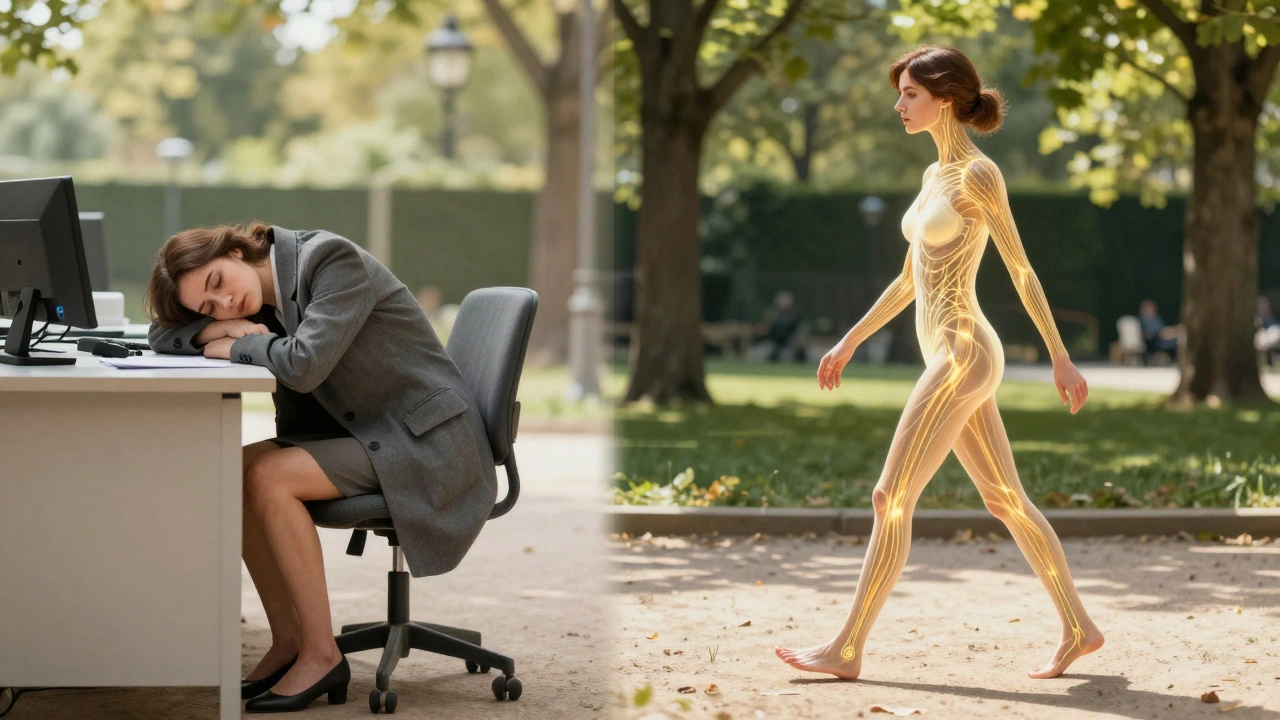 Comparaison symbolique entre fatigue au bureau et énergie retrouvée dans un parc parisien, avec des voies lymphatiques lumineuses.
