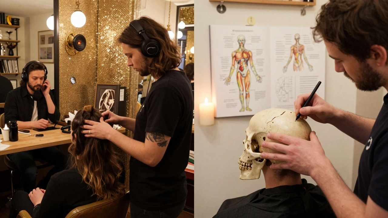 Comparaison visuelle : massage crânien superficiel dans un salon touristique vs technique précise dans un atelier intime.