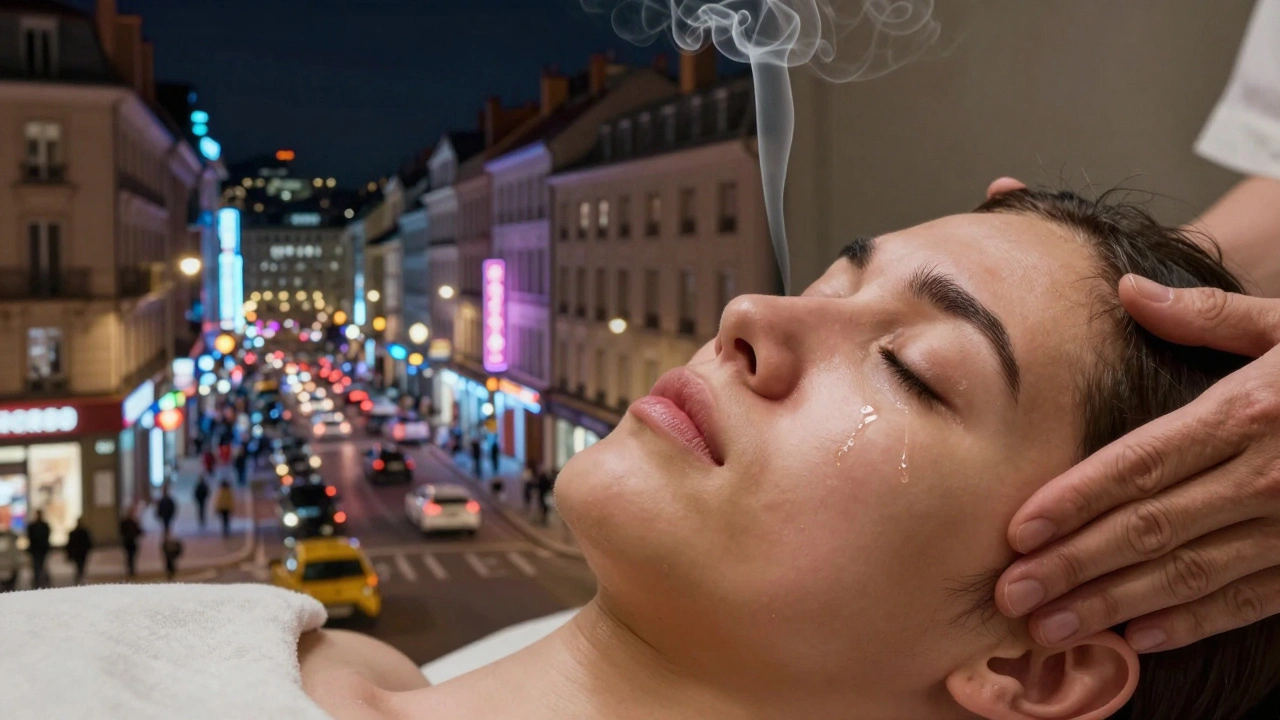 Contraste entre le chaos urbain de Lyon et le calme profond d'une personne après un massage, avec une larme de soulagement sur sa joue.