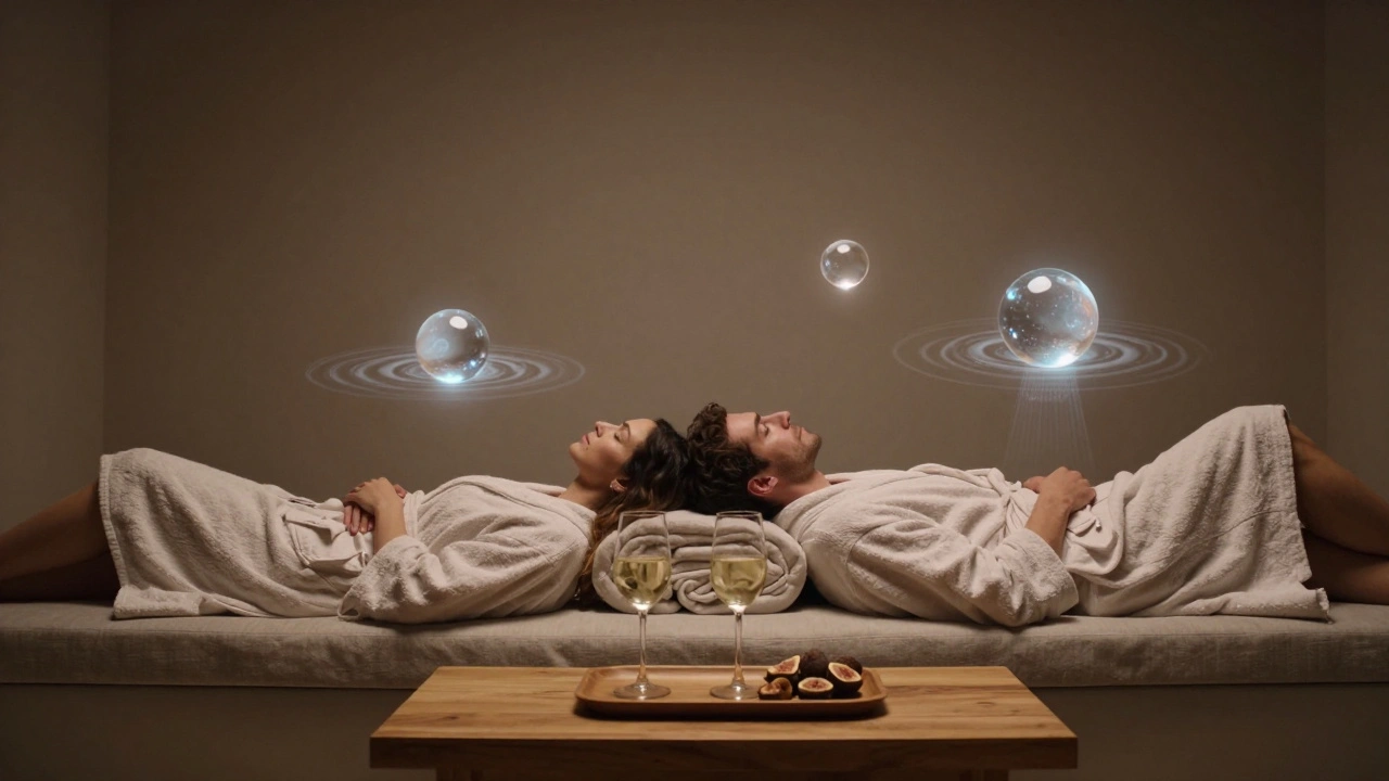 Couple en massage côte à côte dans une salle luxueuse, avec des cristaux flottants et une ambiance de sérénité partagée.