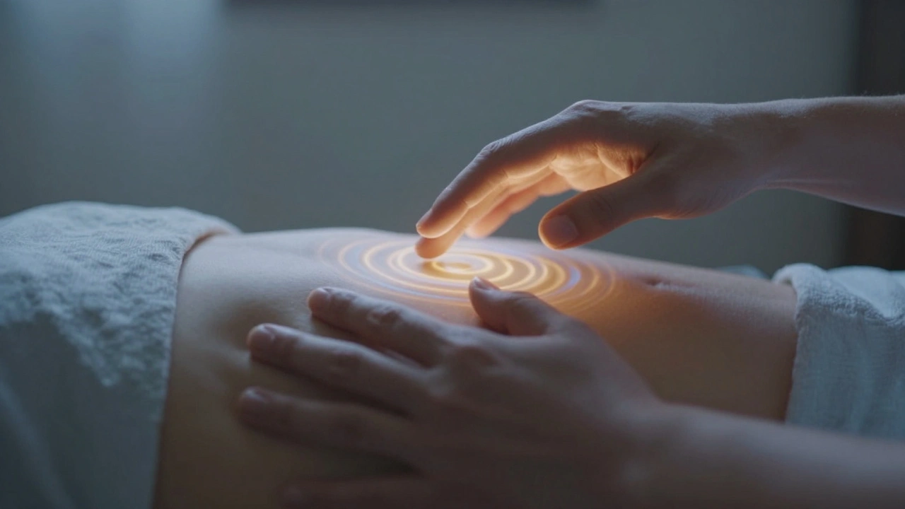 Deux mains en contact avec le ventre, des lumières douces émanant de la zone de respiration.