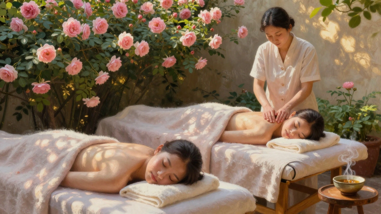 Deux personnes en massage côte à côte dans une cabine entourée de rosiers, lumière douce et thé fumant sur une table.