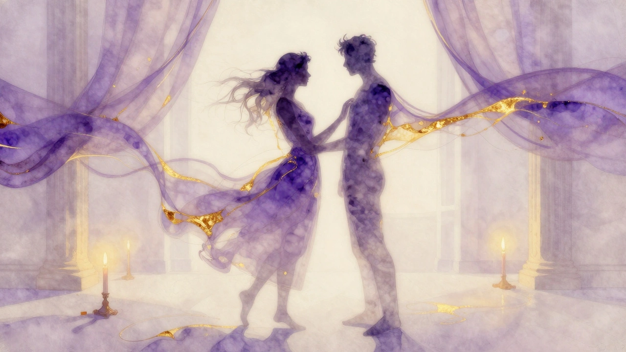 Deux silhouettes se fondent en une seule par des lignes d'huile et de lumière, évoquant la connexion émotionnelle sans visage ni détails.