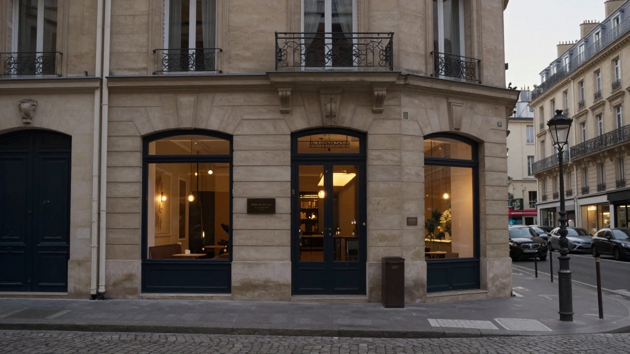Façade élégante d'un salon de bien-être dans un quartier historique parisien en soirée.