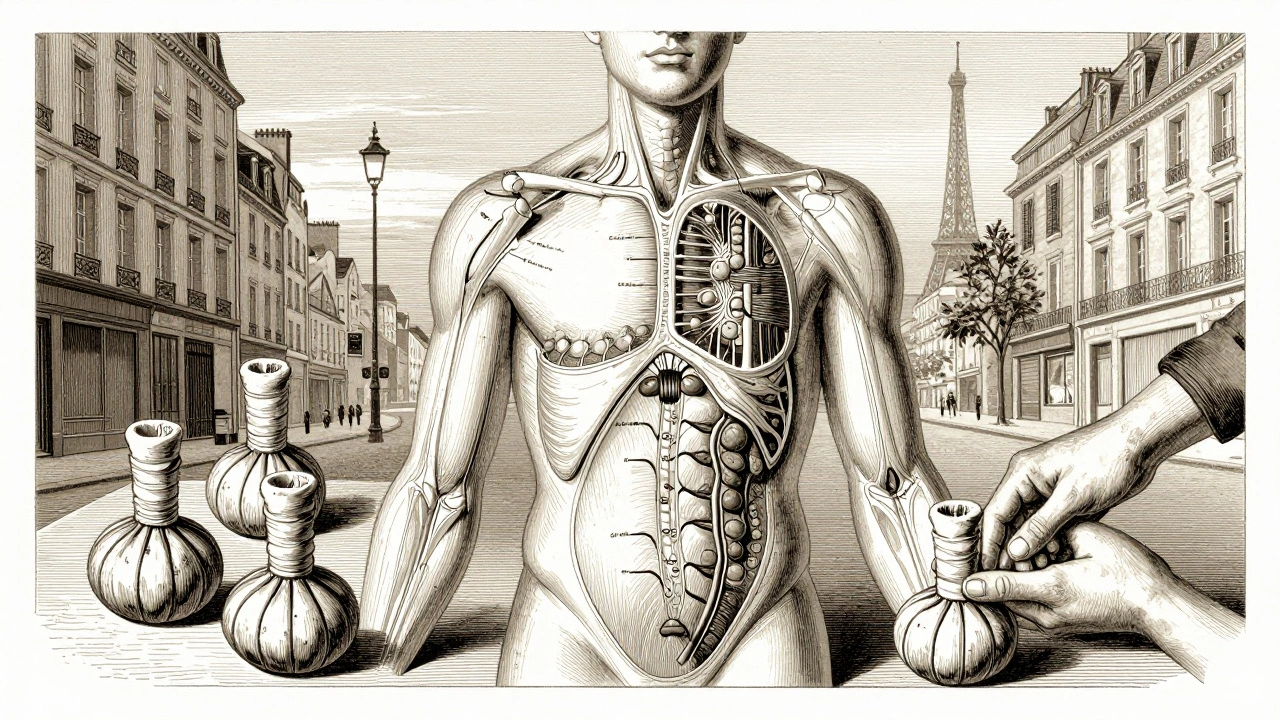 Gravure médicale traditionnelle montrant les méridiens du corps humain avec des outils de massage chinois, fond parisien en arrière-plan.