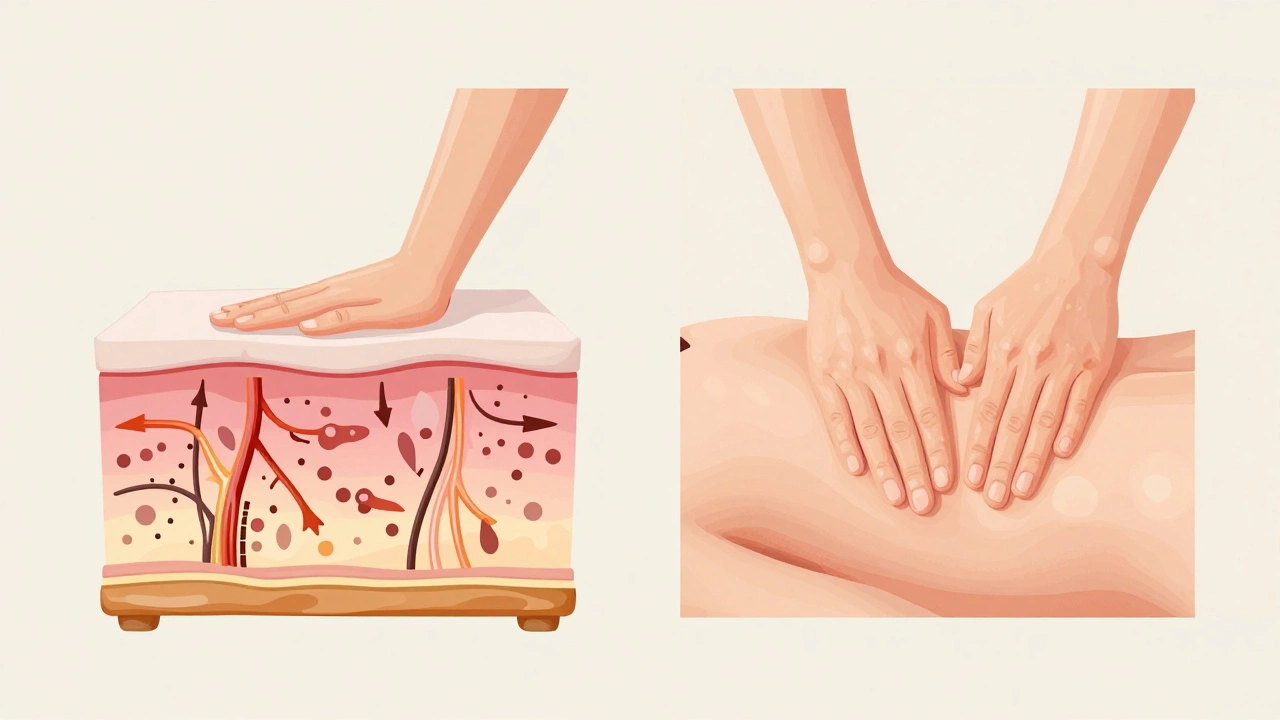 Illustration comparant les effets du massage thaïlandais (circulation accrue) et du massage suédois (effets superficiels) sur la peau, avec couches cutanées transparentes.