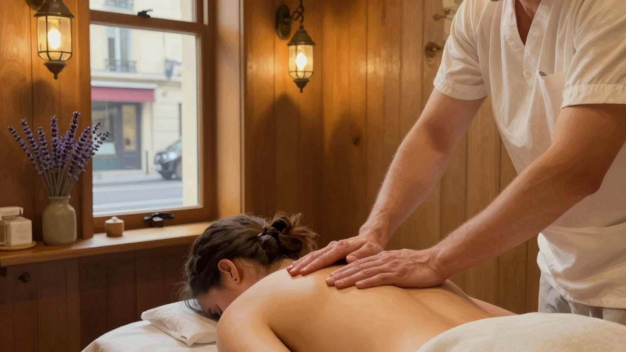 Mains d'un massothérapeute en train de masser les épaules d'un client dans un salon chaleureux et apaisant.