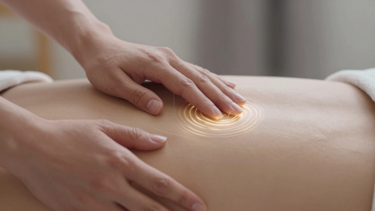 Mains d'un praticien au-dessus et sur le dos d'une personne, des lignes de lumière douce émergent entre la peau et les paumes, dans un cadre intime et apaisant.