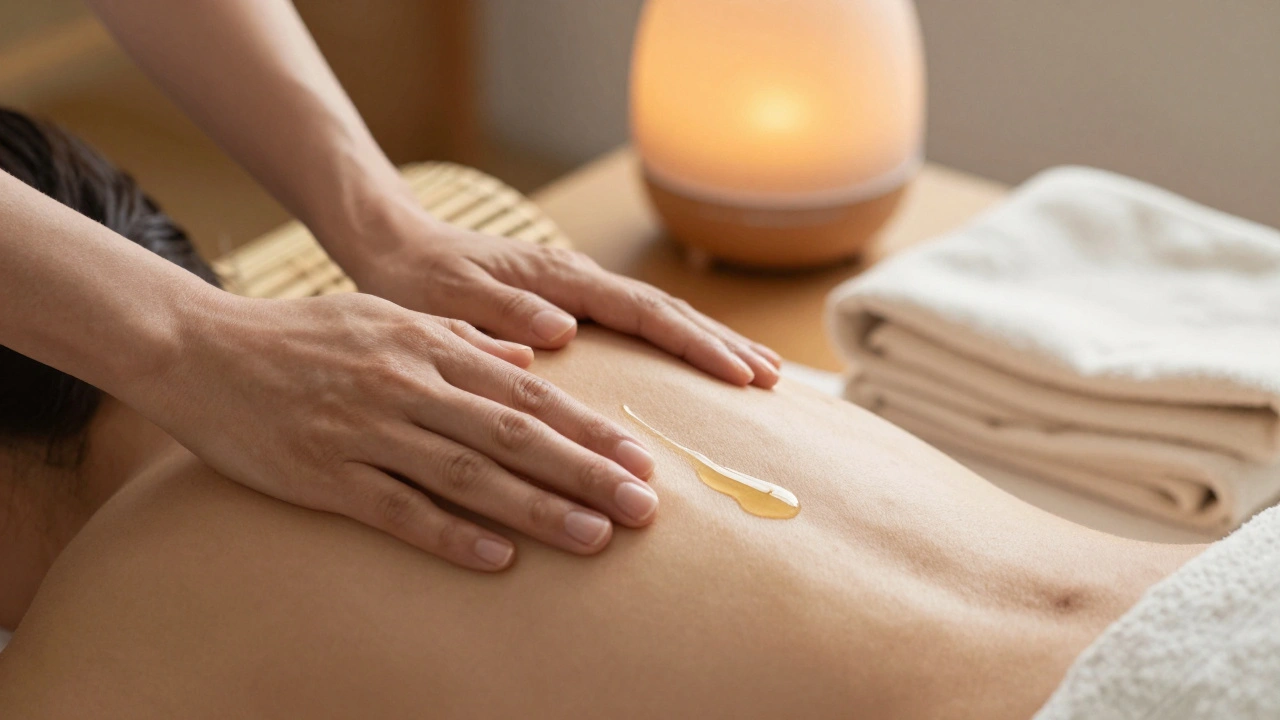 Mains massant une épaule avec de l'huile naturelle, un coussin en bambou et un diffuseur d'huiles essentielles en arrière-plan.