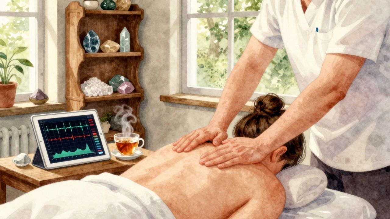 Masseur travaillant sur les épaules d'un client dans un atelier intime, avec des cristaux et une tablette affichant des données.