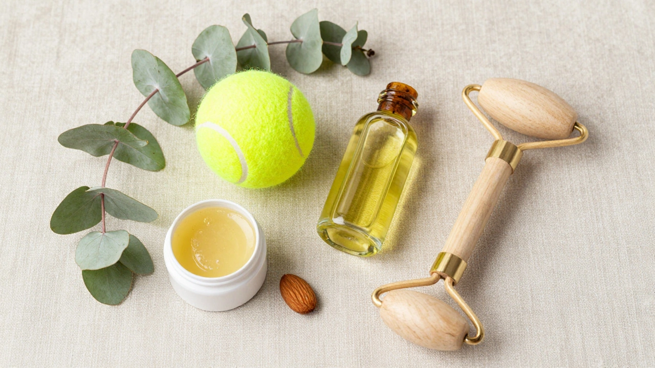 Outils de massage maison comme balle et huile sur tissu.