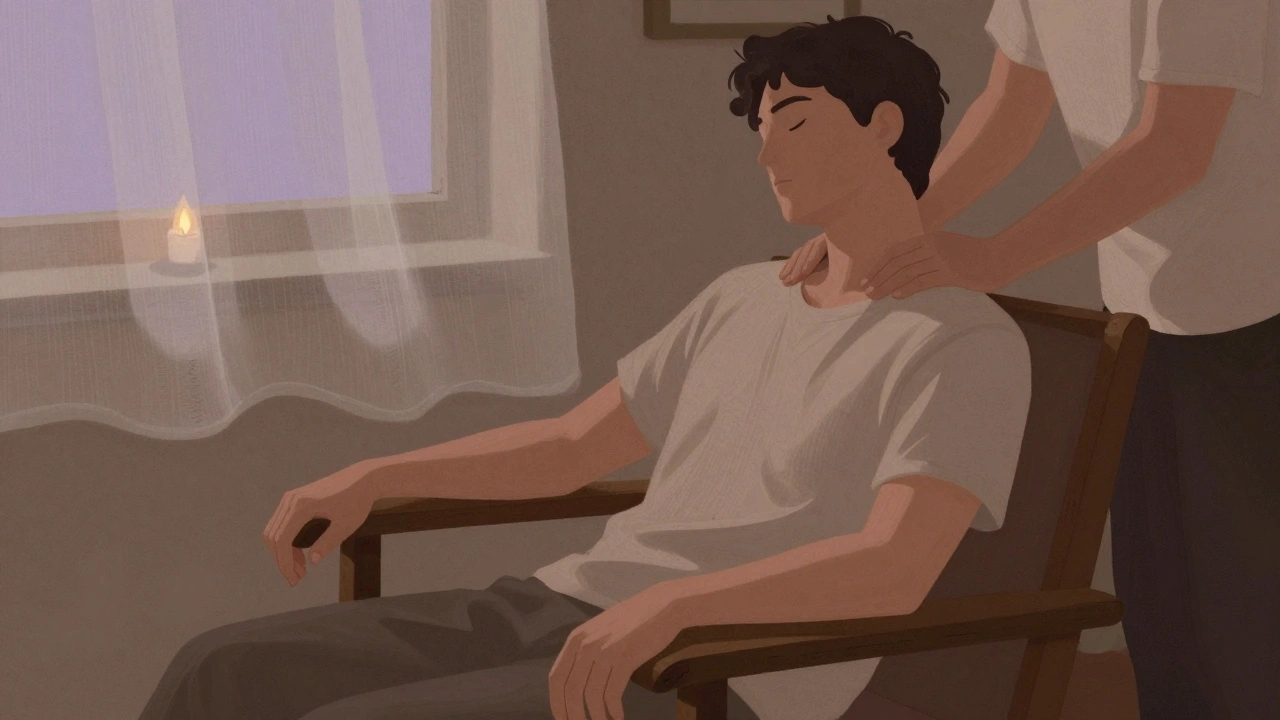 Personne assise sur une chaise basse, recevant un massage des épaules et du cou dans un intérieur calme et chaleureux.