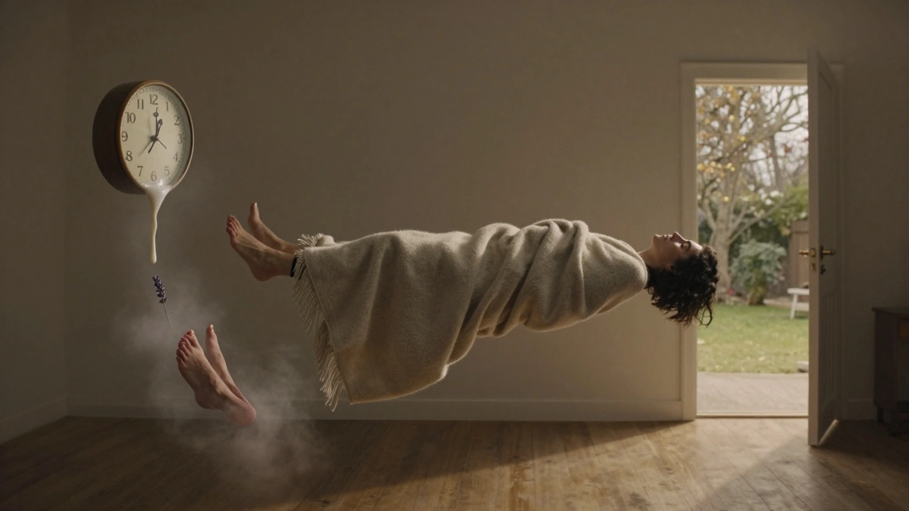 Personne flottant au-dessus de son corps, enveloppée dans une couverture, entourée d'éléments symbolisant la détente.