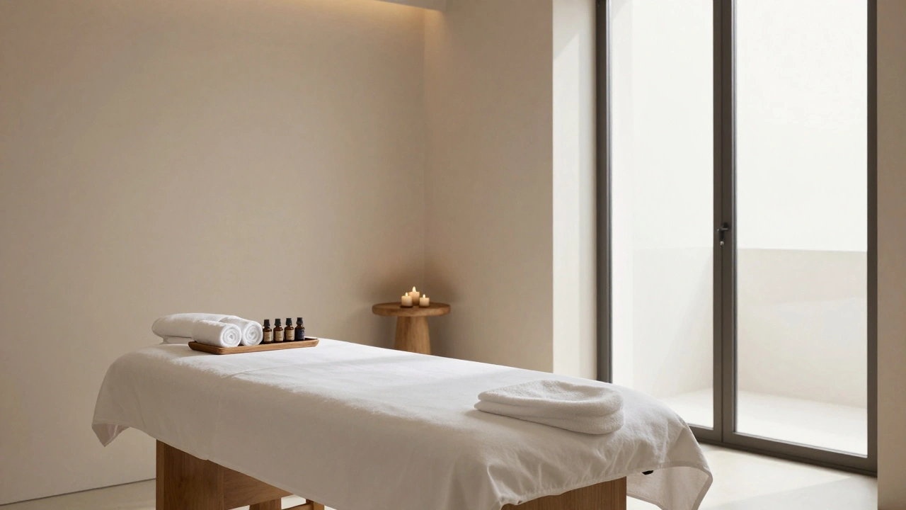 Pièce de spa minimaliste avec table de traitement et huiles