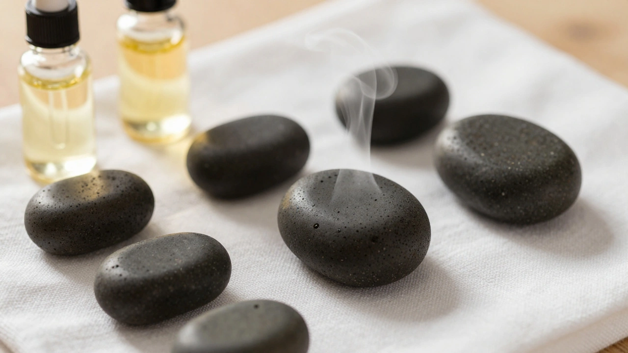 Pierres chaudes et huiles essentielles arrangées sur du linge blanc pour un soin relaxant.