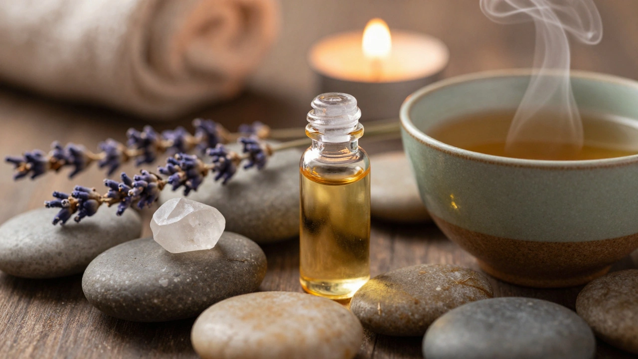 Pierres chaudes et thé aux herbes sur plateau bien-être