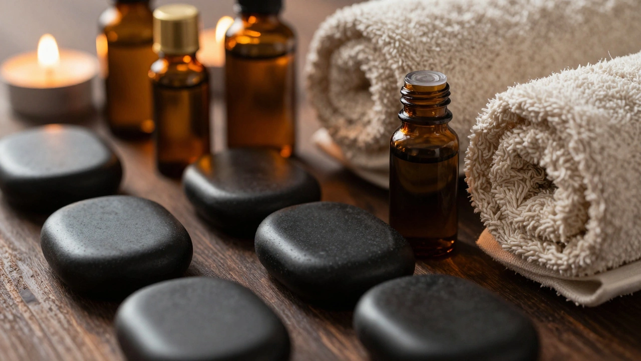 Pierres chauffantes et flacons d'huiles disposés sur une table en bois sombre.