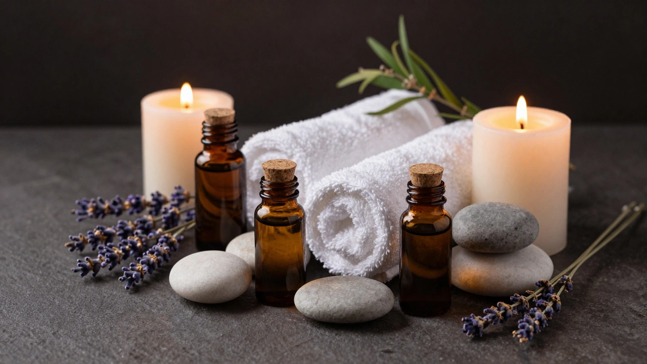 Produits de bien-être disposés élégamment : huiles, serviettes, bougies