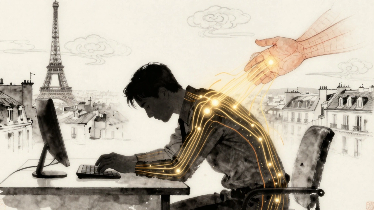 Schéma artistique des méridiens d'énergie qi traversant un corps humain, intégré à un paysage parisien symbolique.