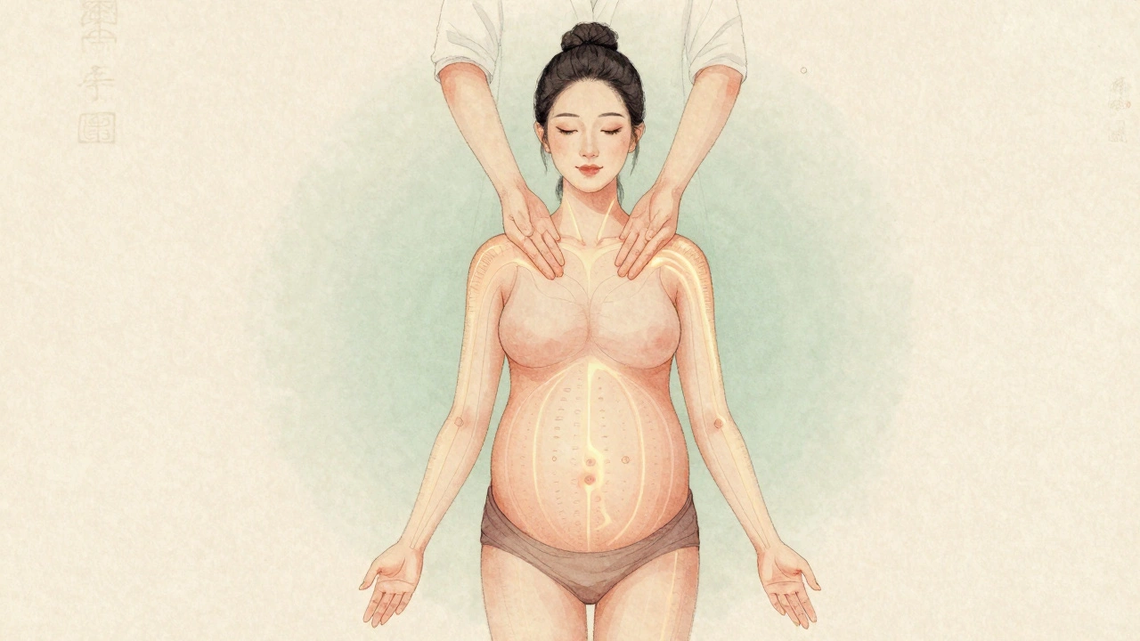 Schéma énergétique subtil sur le corps d'une femme enceinte, avec des lignes lumineuses et une main au-dessus, représentant le flux d'énergie sans pression physique.