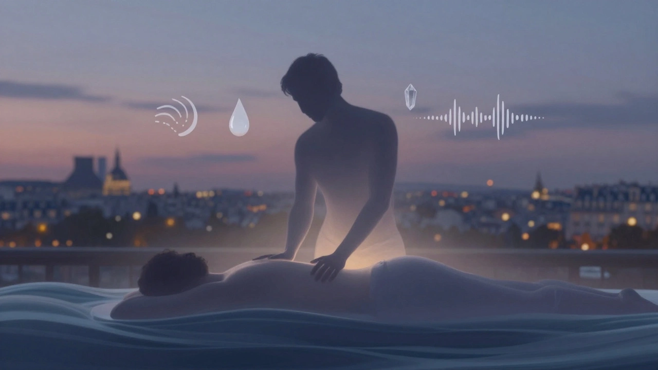Silhouette humaine se transformant en vagues de lumière, symboles de calme et de respiration flottant autour.