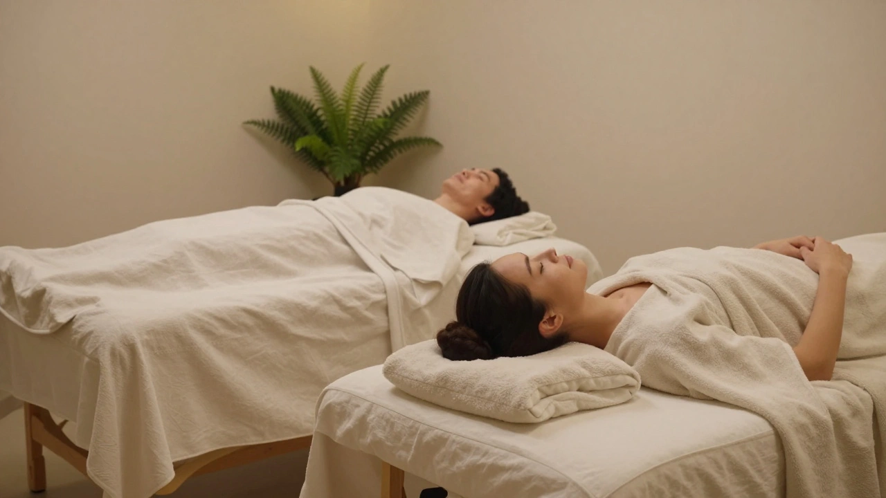 Un couple allongé côte à côte sur deux tables de massage, dans une salle moderne et calme, lumière douce et ambiance apaisante.