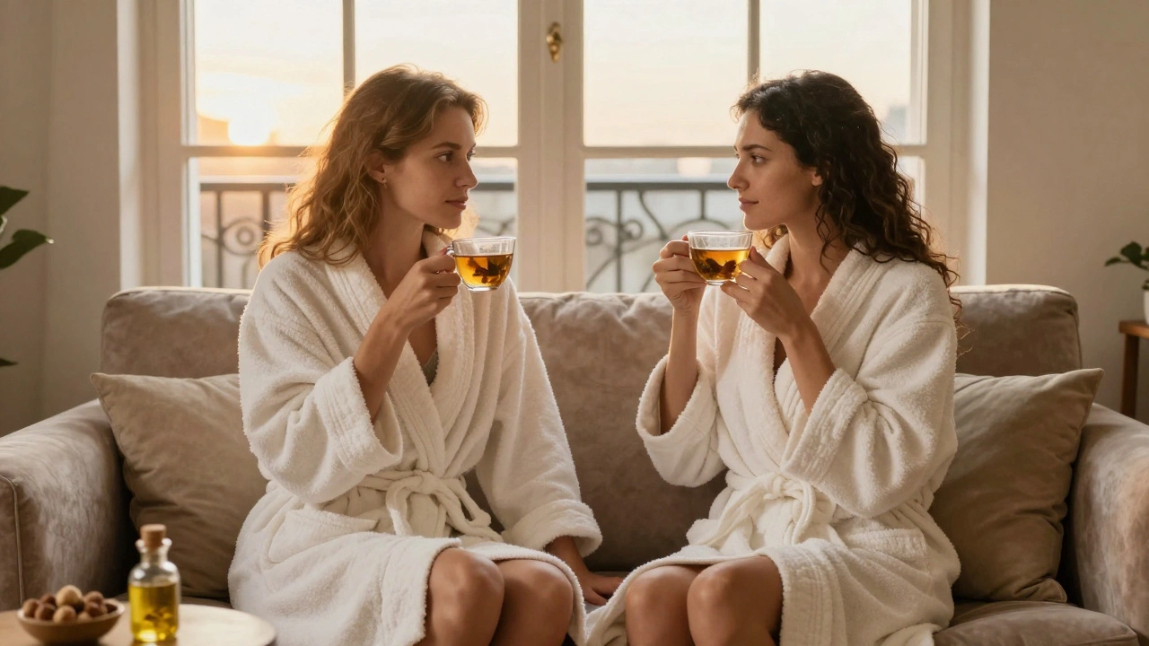 Un couple assis côte à côte sur un canapé après un massage, leurs doigts se touchant légèrement, en paix sans parler.