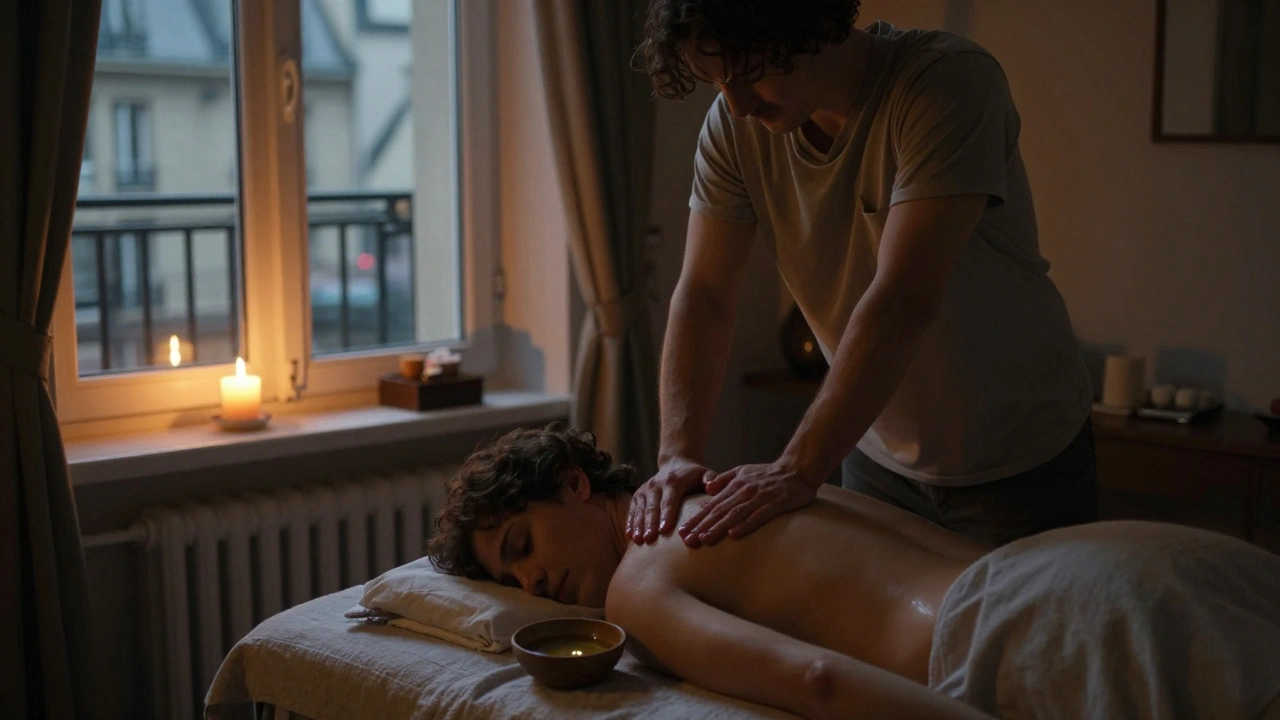 Un couple en train de se masser à la maison, avec une huile et des bougies, dans une ambiance intime et chaleureuse.