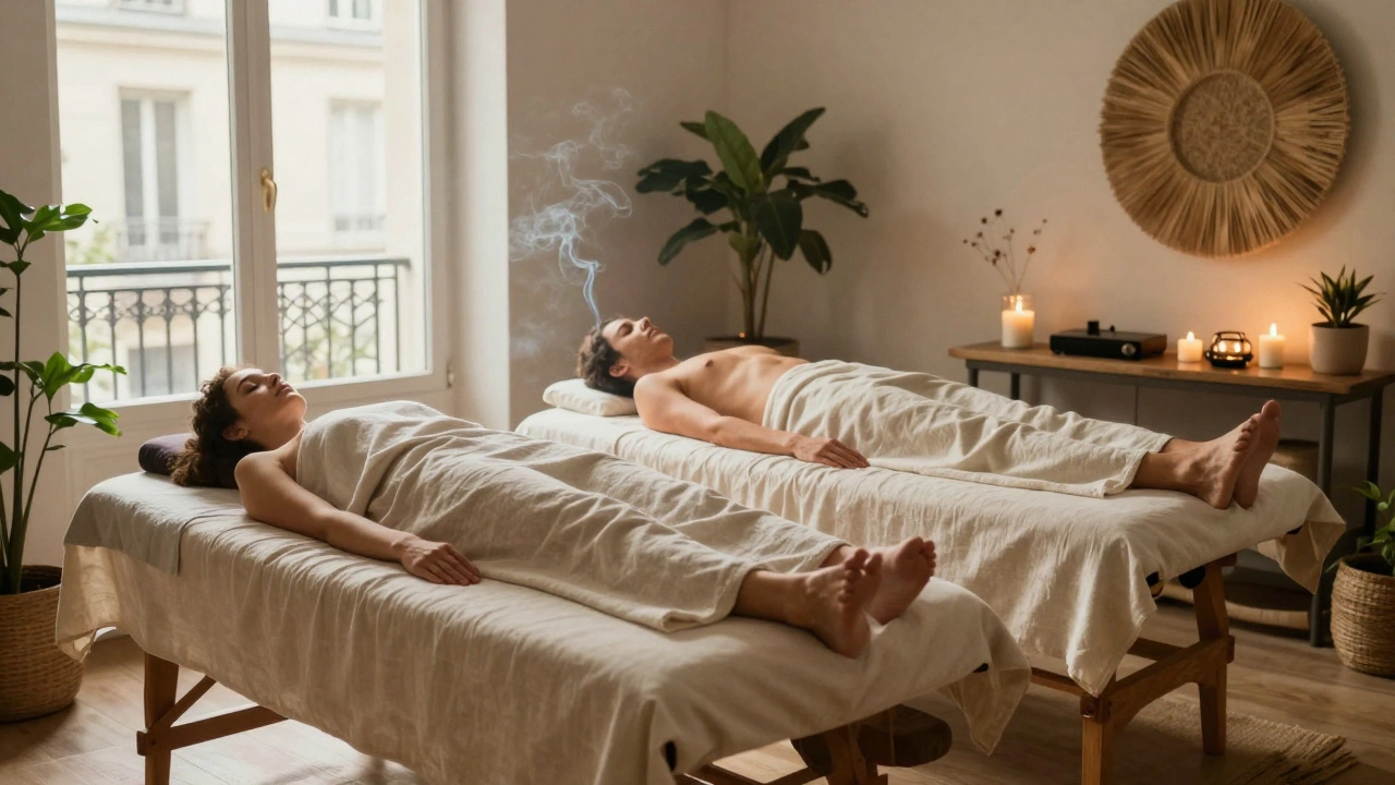 Un couple se détend côte à côte lors d'un massage relaxant dans un salon bohème à Paris.