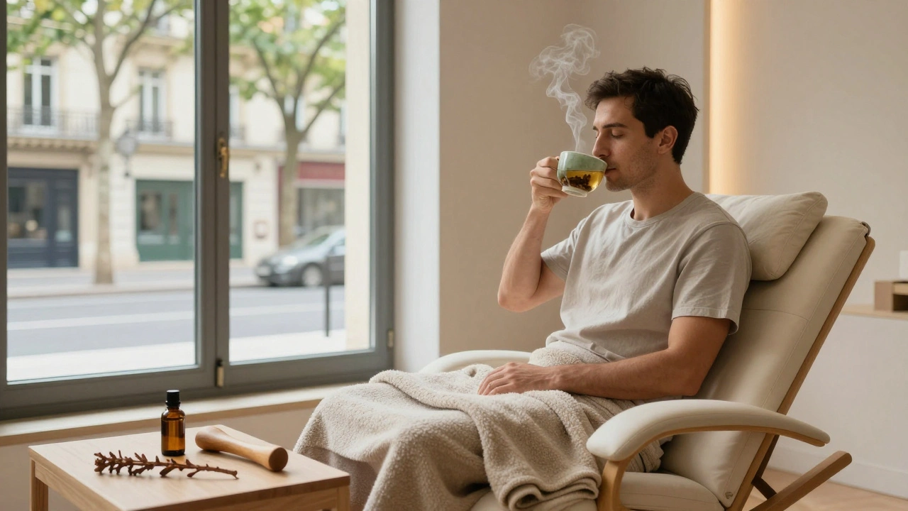 Un homme assis après un massage, sirotant un thé dans une pièce lumineuse, entouré d'éléments naturels et calmes.