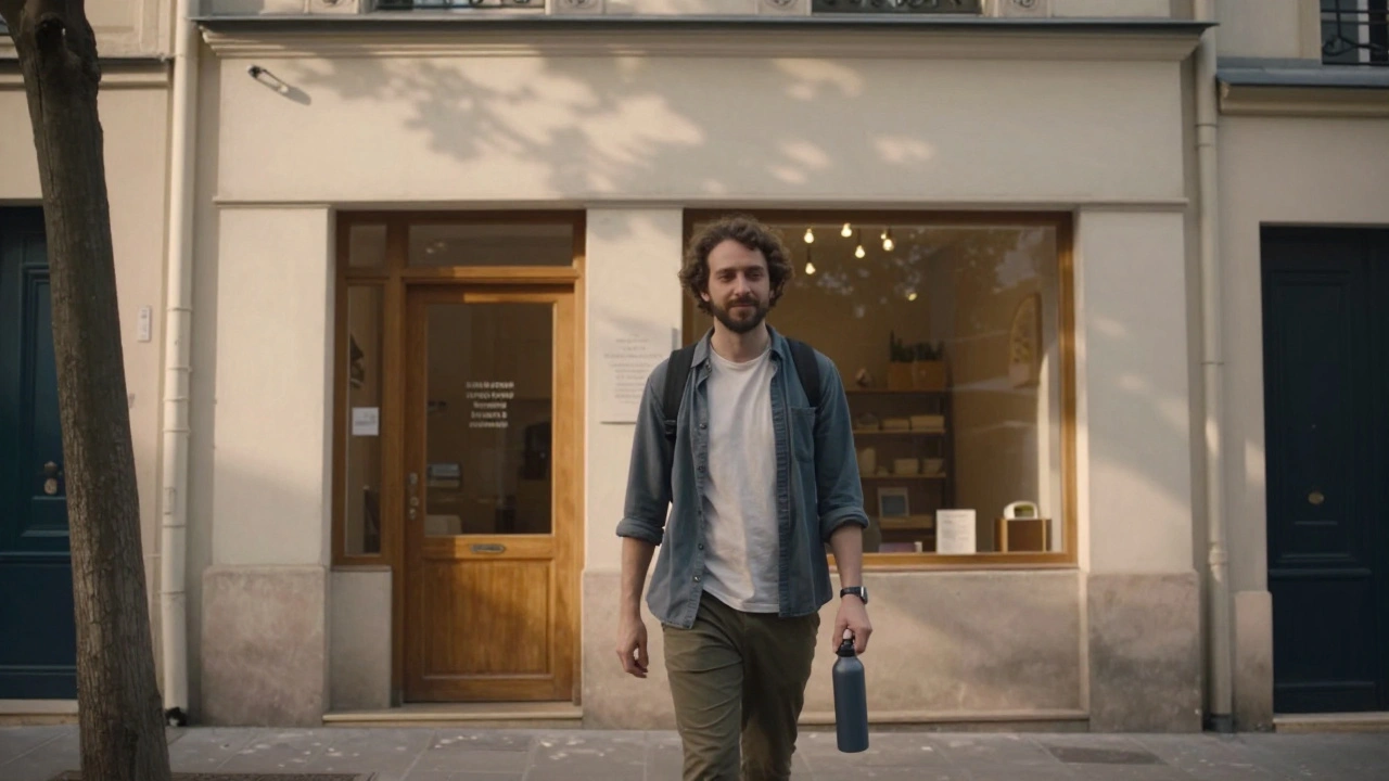 Un homme sort d'un studio de massage, posture détendue, marchant lentement à la lumière du matin dans un quartier parisien calme.