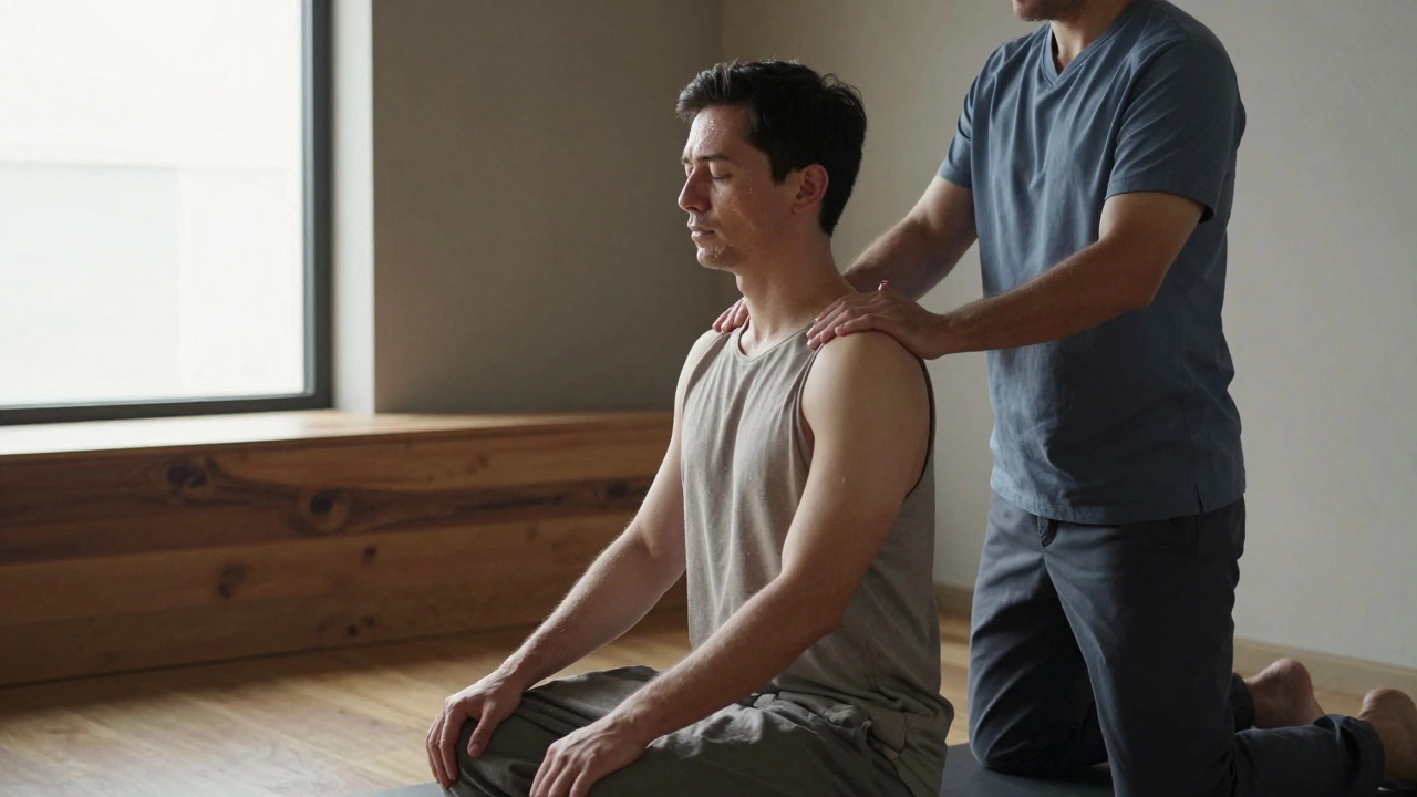 Un masseur applique une pression sur l'épaule d'un homme en tenue légère, lors d'une séance de shiatsu dans un espace neutre.