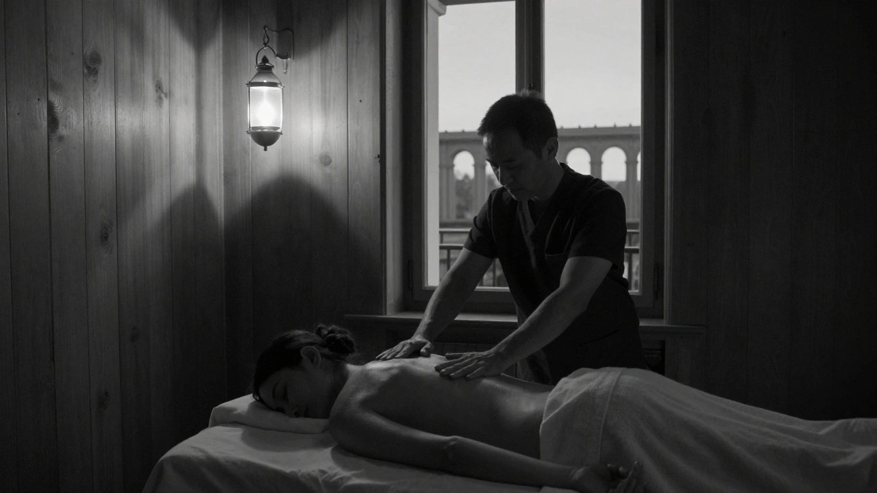 Un thérapeute pratiquant la technique japonaise anma dans une pièce minimalistique, lumière dorée et silhouette du Palais Royal en arrière-plan.