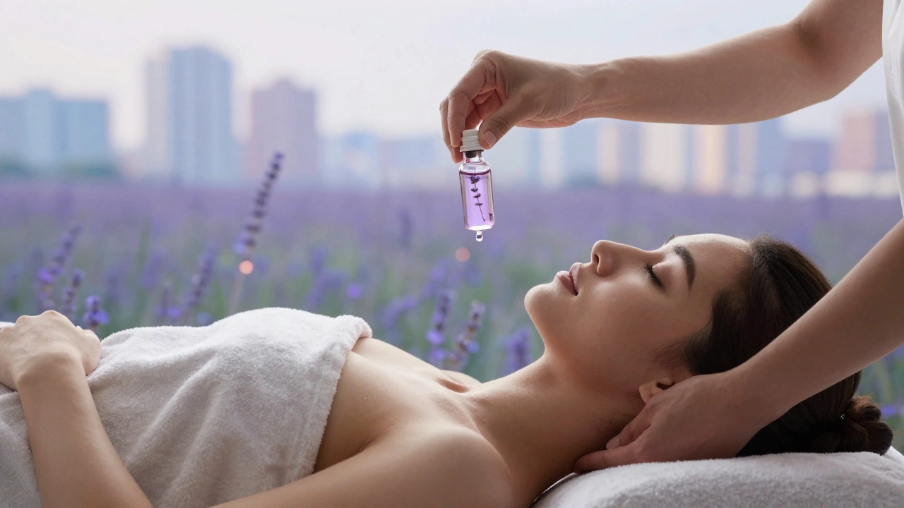 Une femme se réveillant lentement après un massage, une goutte d'huile de lavande flottant près d'elle, entre stress et paix intérieure.