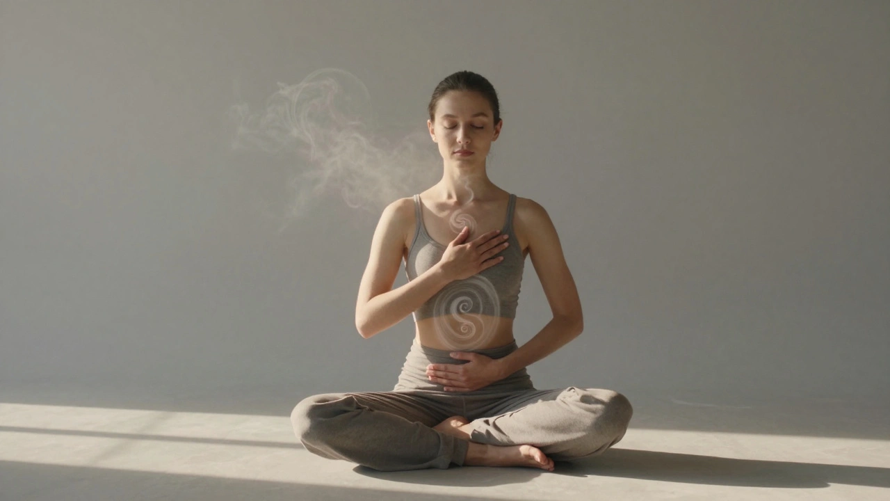 Une personne assise au lever du jour, respirant profondément, une brume subtile s'élevant en spirale autour d'elle.