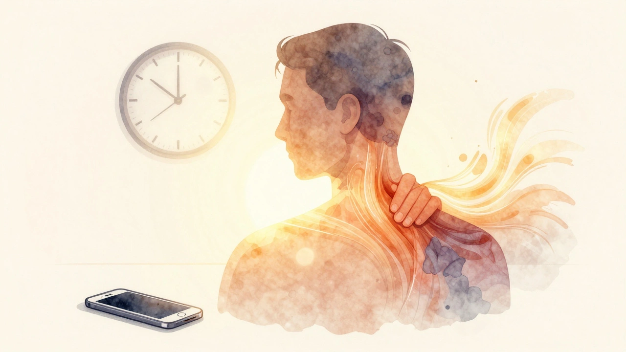 Une silhouette humaine où la tension physique se dissipe en vagues de lumière dorée, symbolisant la détente par le massage.