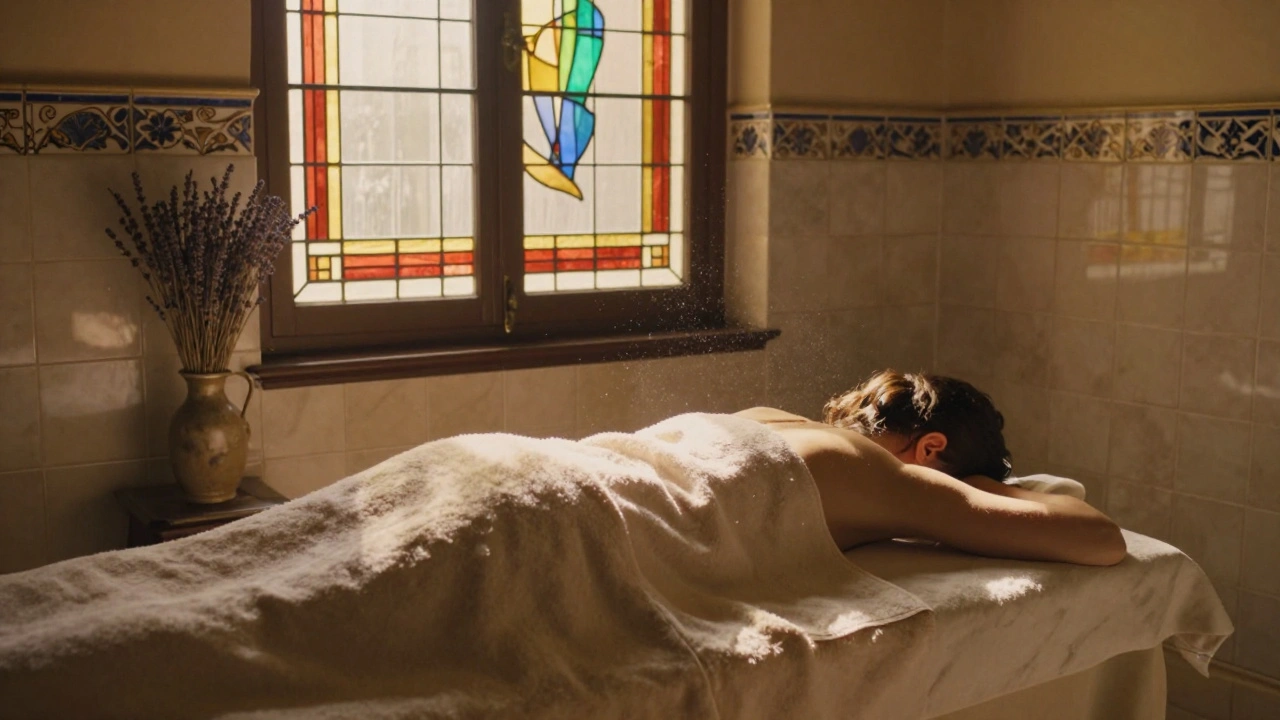Une table de marbre sous un vitrail coloré, avec une personne recouverte d'une serviette chaude, lumière dorée et ambiance sacrée.