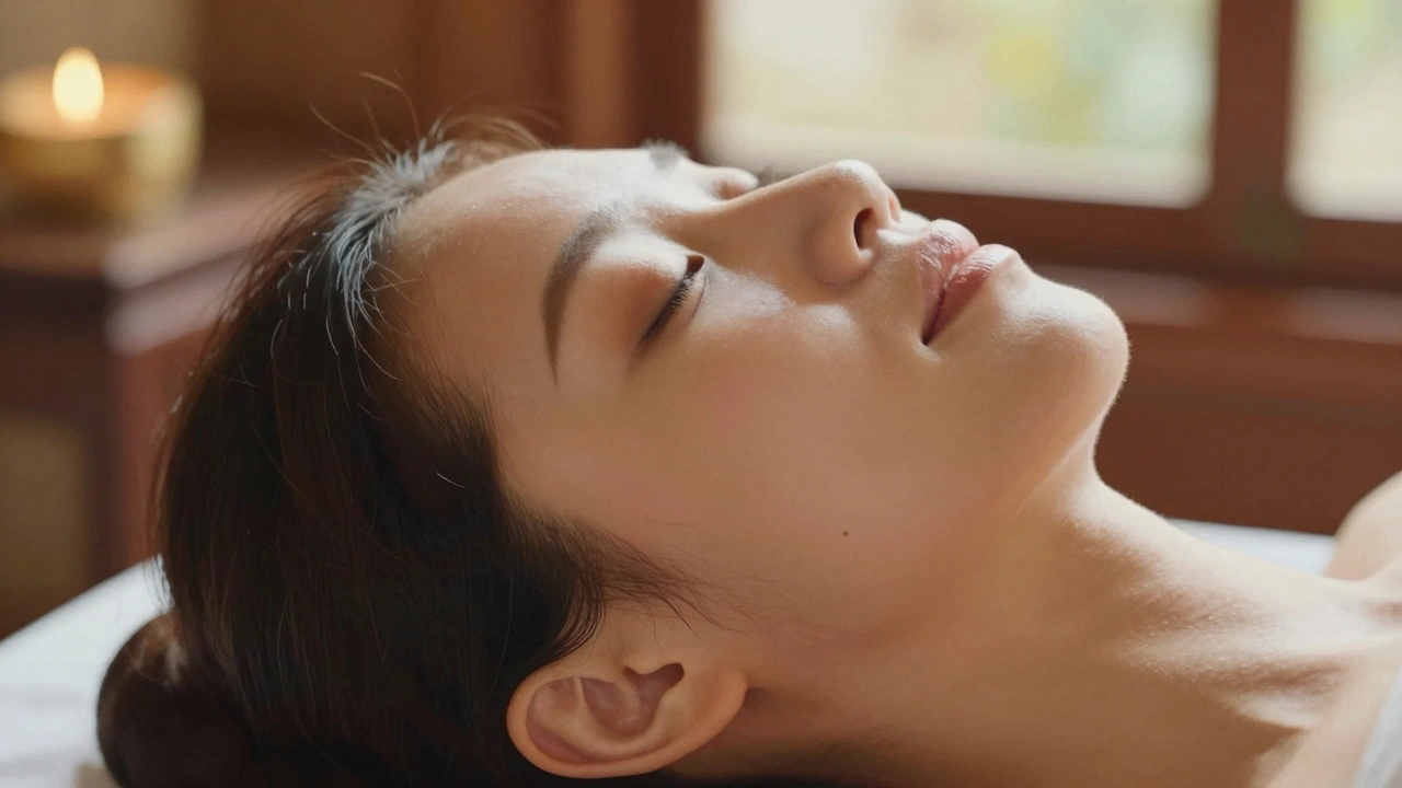 Visage d'une femme après un massage thaïlandais facial, peau lisse et éclatante, sans maquillage, lumière naturelle mettant en valeur la texture douce.